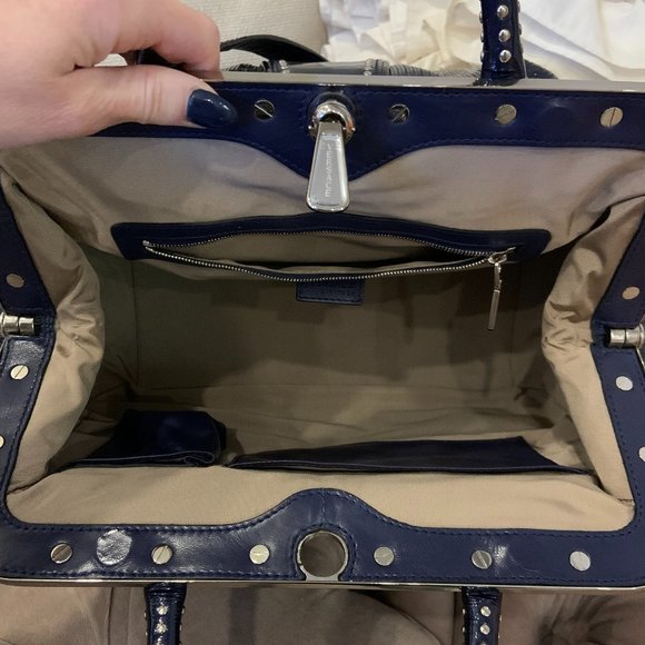 Versace Blue Striped Patent Leather Studded Frame Satchel (Rare) - Picture 4 of 7